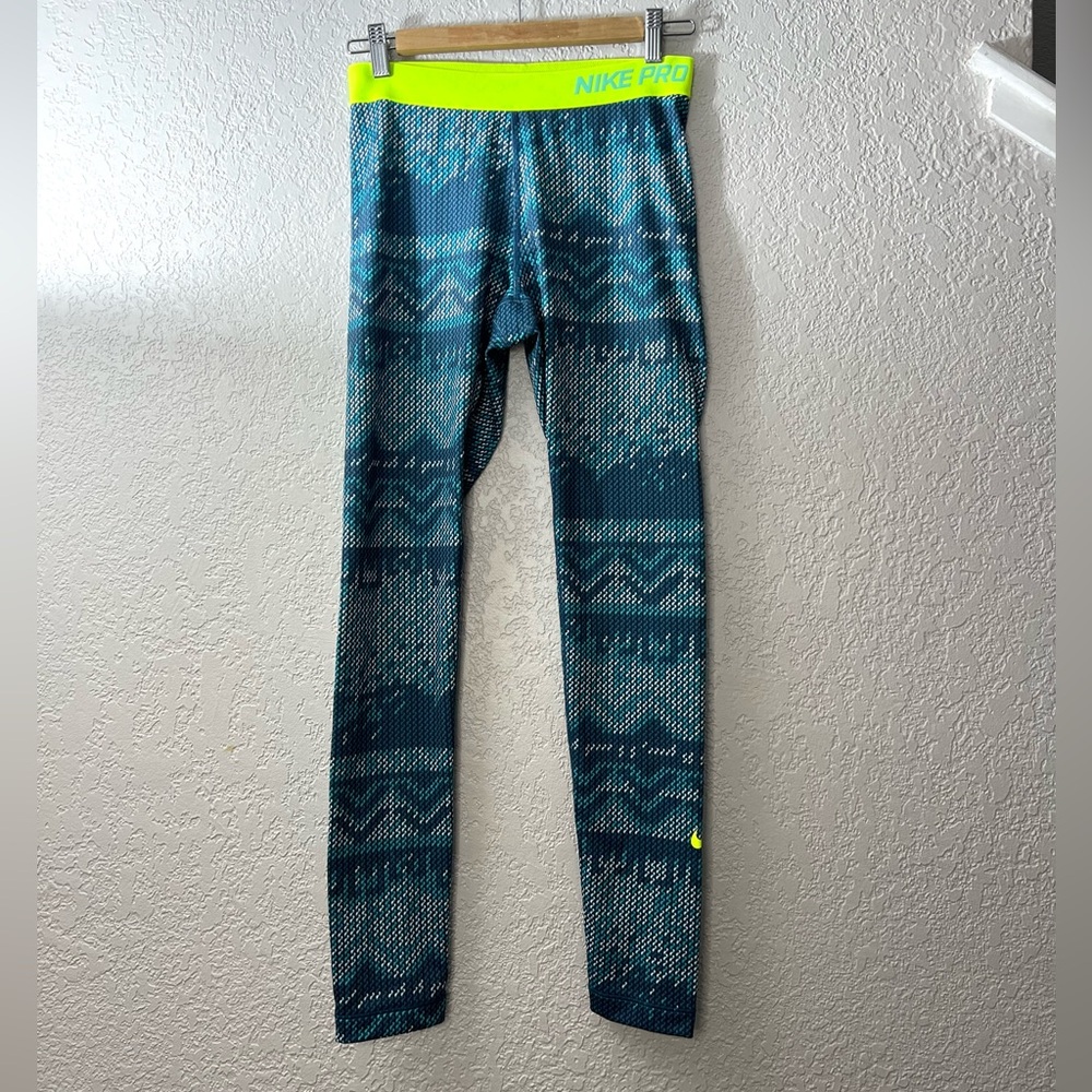 NIKE Pro Dri Fit Neon Yellow Teal Pull on Leggings Sportswear Yoga Athletic M